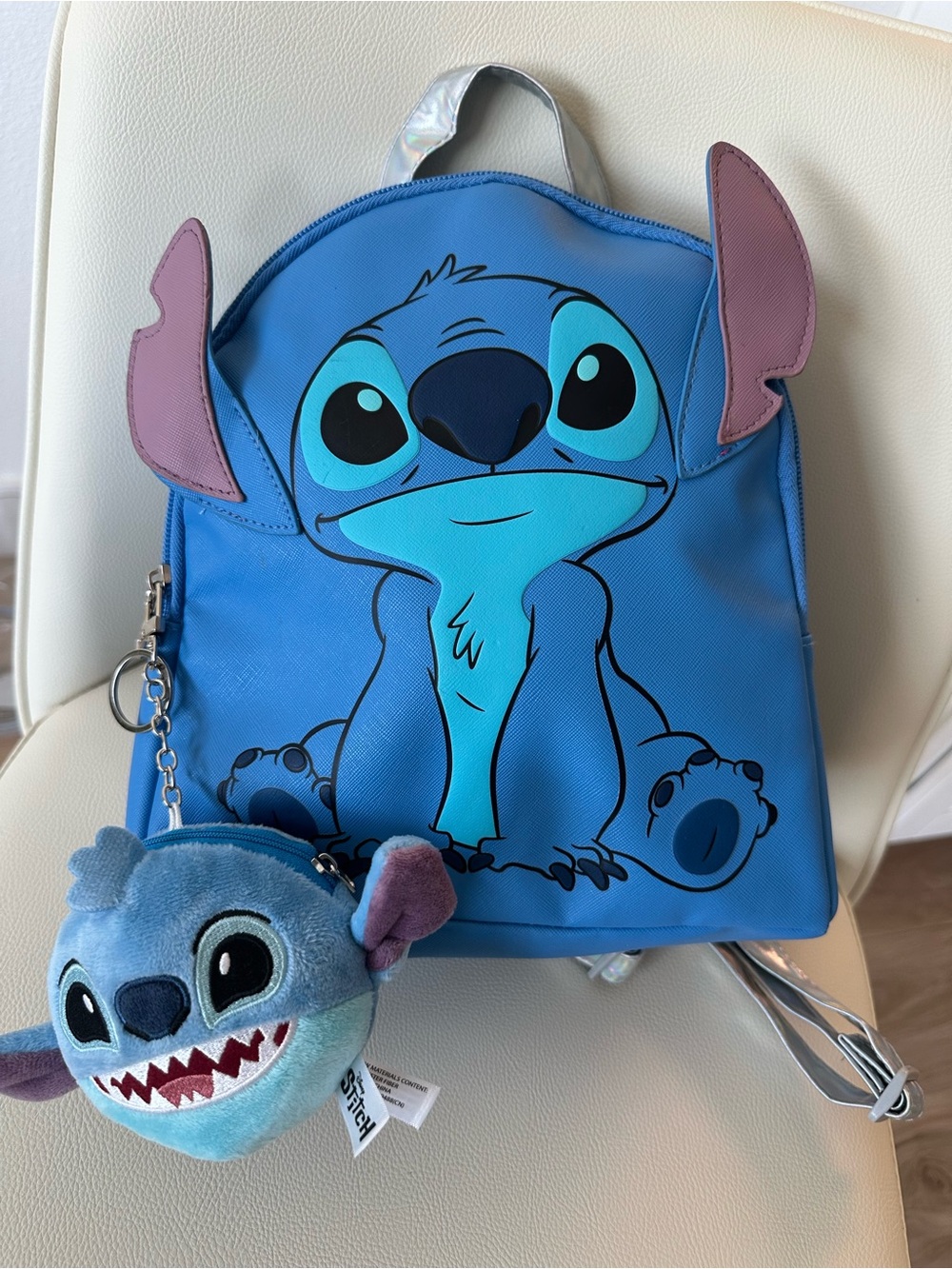 Disney Blue Stitch Kids Backpack with Pink Accent Ears and Plush Keychain